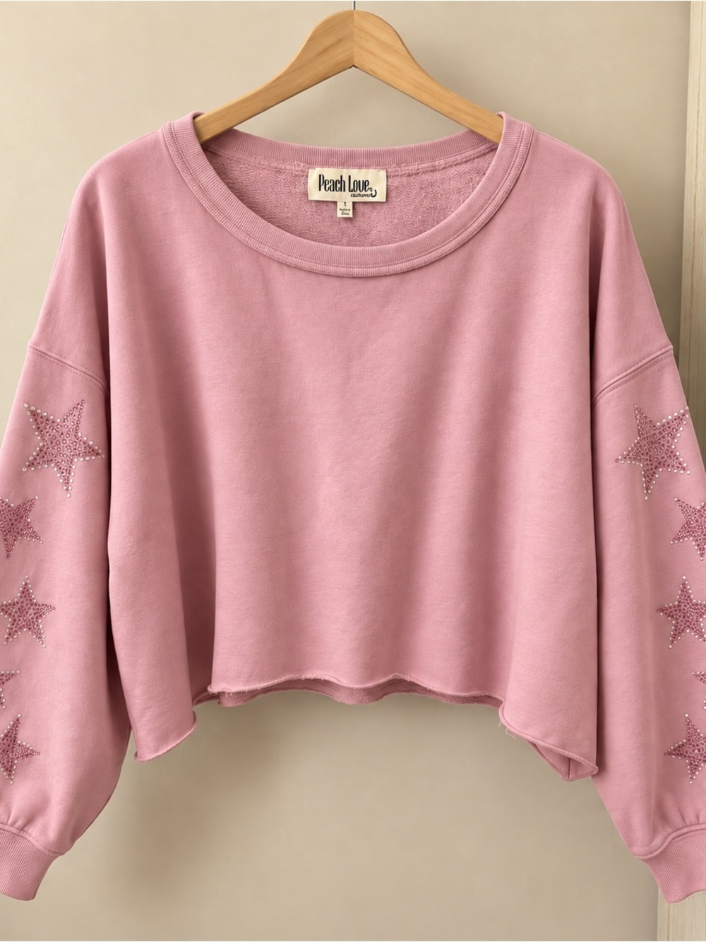 Peach Love California Dusty Rose Rhinestone Star Sleeve Crop Sweatshirt S NWOT